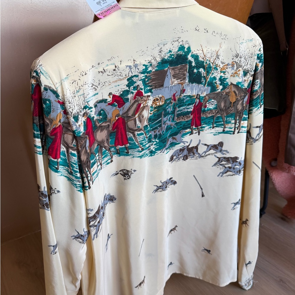 Vintage Jerri Sherman 100% silk Equestrian Print Shirt